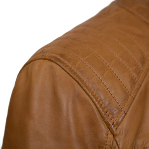 Mens Tan leather biker jacket shoulder detail Budd
