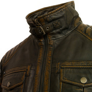 Gents black antique leather jacket Jenson collar buckle detail