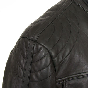 Gents black leather jacket shoulder detail Robson