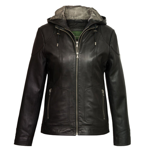 Women's Black Hooded Leather Jacket: Heidi