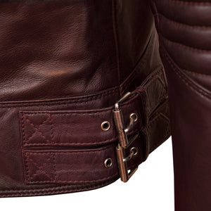 LAdies burgundy leather biker jacket buckle detail on the Wendy