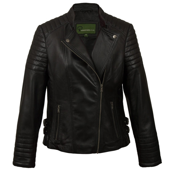 Ladies black leather biker jacket uk hotsell