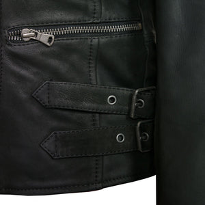 ladies black leather biker jacket buckle detail lisa