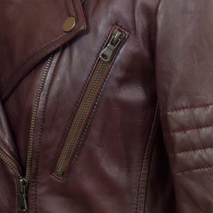 Ladies Burgundy leather jacket chest pocket detail jaki