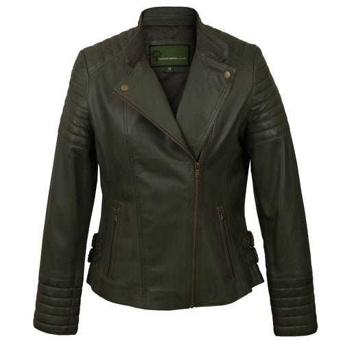 Ladies Green leather biker jacket Emma