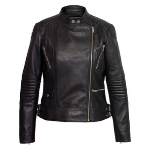 Ladies black leather coat Wendy fastened