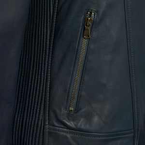 Ladies blue leather jacket pocket detail Elsie