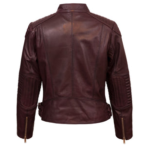 Ladies burgundy leather biker jacket back image Wendy