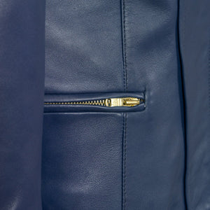 Ladies collarless jacket blue sophie pocket detail