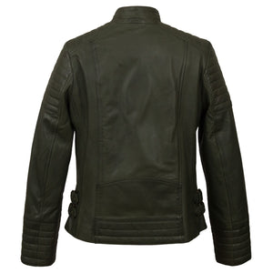 Ladies green leather biker jacket back image Emma