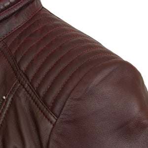 Ladies leather burgundy jacket shoulder detail Bonnie