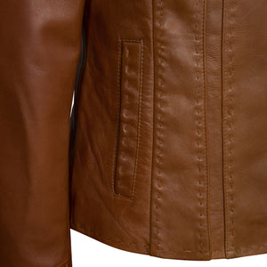 Ladies leather cognac jacket may pocket detail