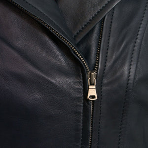 Ladies leather jacket viki navy front zip detail