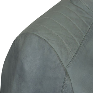 Ladies light blue leather jacket shoulder detail Trudy