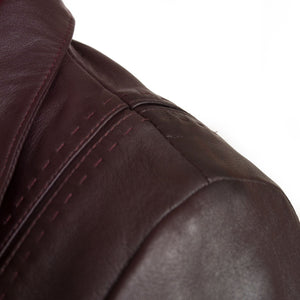 Maggie burgundy leather jacket shoulder stab stitch detail