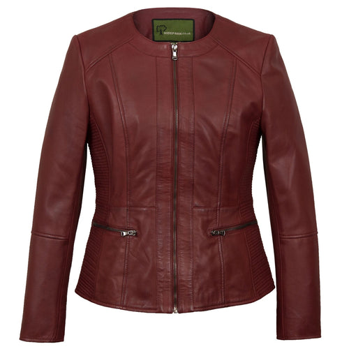 Meghan: Collarless Leather Jacket Berry