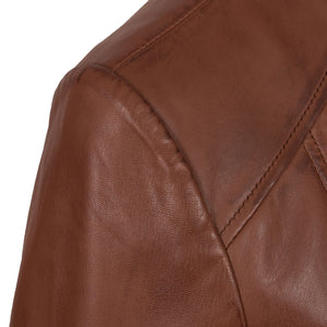 Meghan: Collarless Leather Jacket Brown