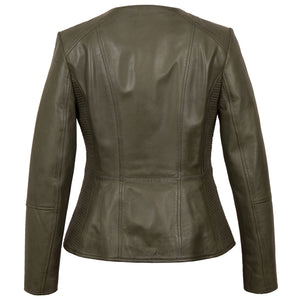 Meghan: Collarless Leather Jacket Olive
