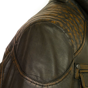 Mens black antique leather jacket Jenson shoulder detail