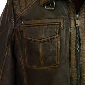 Mens black antique leather jacket pocket detail Jenson