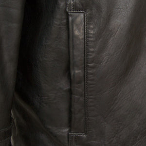 Mens black leather jacket pocket detail Robson