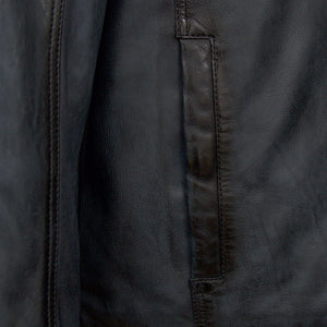Mens blue leather jacket pocket detail Jerome
