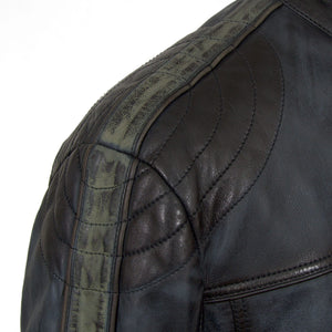 Mens blue leather jacket shoulder detail Jerome