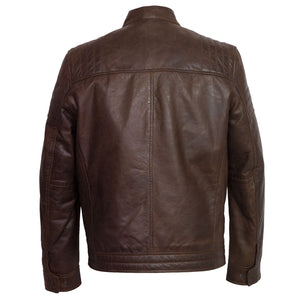 Mens brown leather jacket budd back image