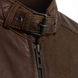 Mens brown leather jacket budd collar detail