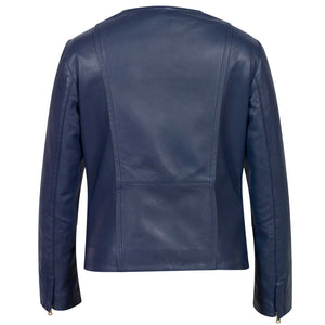 Sophie womens collarless leather jacket blue back image
