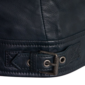 Viki navy leather jacket buckle detail
