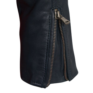 Viki navy leather jacket zip cuff detail