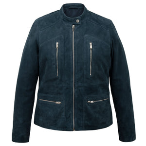 The Jane Women's Blue Suede Jacket with Silver Zip Details