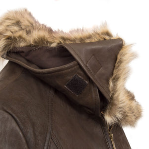 Womens Brown Leather coat hood detail Laura