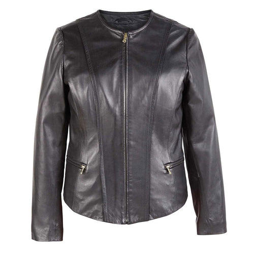 Womens Collarless Leather Jacket Black Sophie