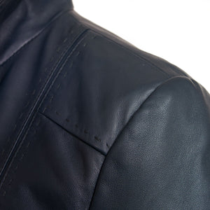 Womens May navy leather jacket shoulder detail