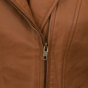 Womens Tan leather jacket assymetric zip Viki