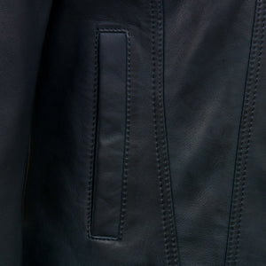 Womens Tilly navy leather jacket open pocket detail