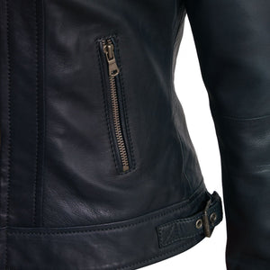 Womens Viki navy leather jacket detail