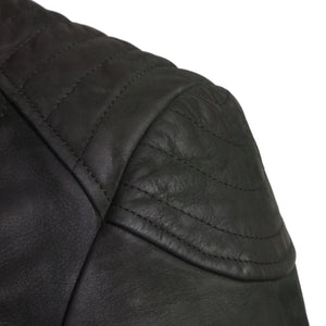 womens black leather biker jacker shoulder detail lisa
