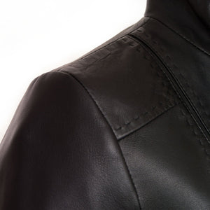 Womens black leather jacket May shoulder stitch detail