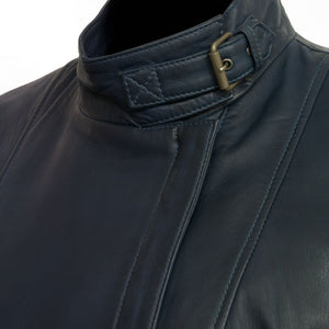 Womens blue leather jacket Elsie buckle collar detail