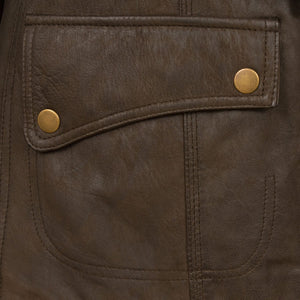 Womens brown leather coat pocket detail Laura