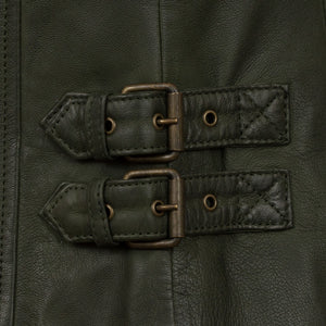 Womens green leather biker jacket sde belt detail Emma