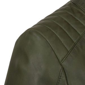 Womens green leather jacket shoulder detail Trudy