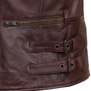 Ladies leather biker jacket burgundy fasten detail Jaki