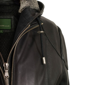 womens leather hooded jacket black hood close up heidi