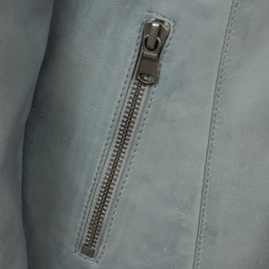 Ladies leather jacket light blue zip pocket detail Trudy