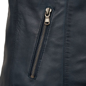 Womens navy leather jacket pocket detail Trudy