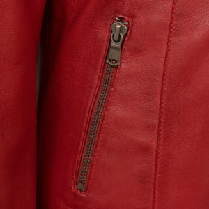 Ladies red leather jacket pocket detail Trudy